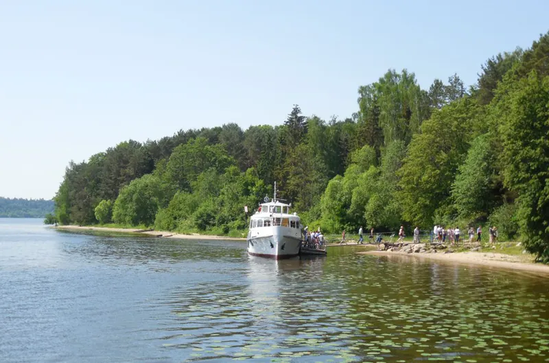 Laivas prie miškingo kranto